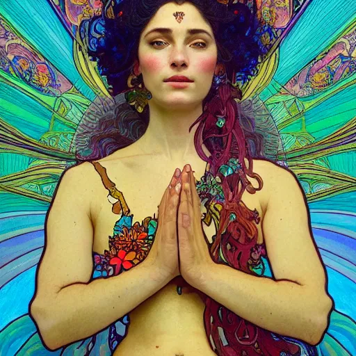 Prompt: a portrait painting of a singular beautiful female godess of spring, colorful flowers, holy geometry, tarot card style, by Mohrbacher and Moebius and Alphonse Mucha and Roger Deakins, cinematic lighting, masterpiece, golden ratio background, highly detailed, 8k resolution, trending on art station