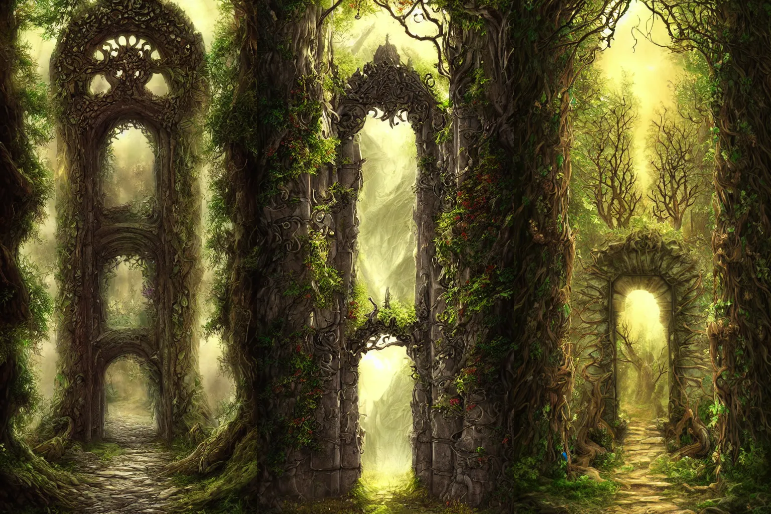 Prompt: The gate to the eternal kingdom of trees, fantasy, digital art, HD, detailed.