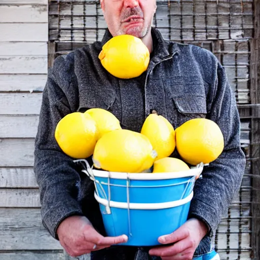 Image similar to A photograph of a confused man holding up a bucket of lemons