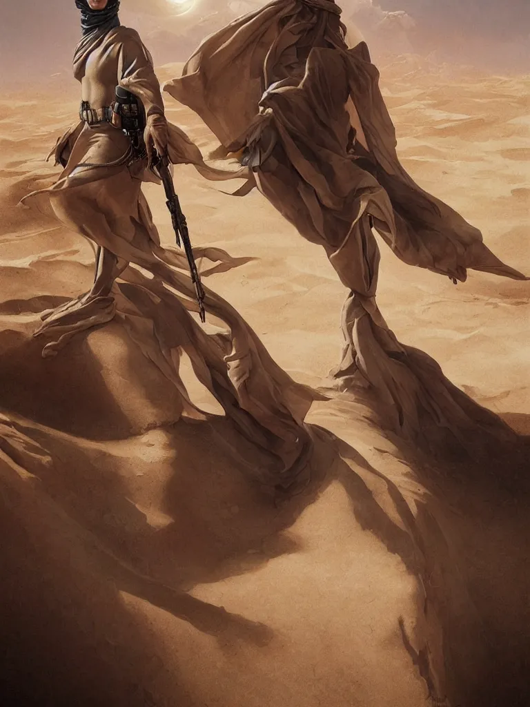 Image similar to a stunning hyperrealistic character from the movie Dune walking through an arid minimalistic desert with harsh noon sunlight with an oasis in the background, award-winning, masterpiece, in the style of Tom Bagshaw, Cedric Peyravernay, Peter Mohrbacher