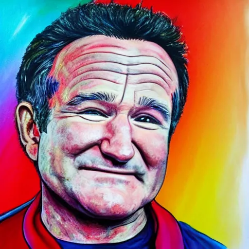 Image similar to portrait painting of robin williams, he is wearing a rainbow colored pullover