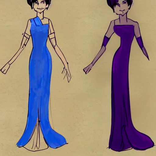 Prompt: character concept art design sketches of a lady in a blue dress,