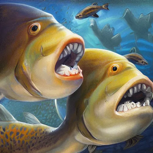 Prompt: two cods talking to eachother in deep sea, art by mark arian