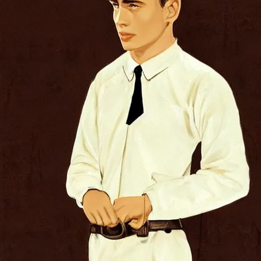 Image similar to a highly detailed epic cinematic concept art CG render digital painting artwork costume design: young James Dean as a well-kept neat perfect formal student in a 1950s USSR school uniform. By Mandy Jurgens, Lim Chuan Shin, Simon Cowell, Barret Frymire, Dan Volbert, Beeple, Butcher Billy, David Villegas, Irina French, Heraldo Ortega, Rachel Walpole, Jeszika Le Vye trending on ArtStation, made in Maya, Blender and Photoshop, octane render, excellent composition, cinematic atmosphere, dynamic dramatic cinematic lighting, aesthetic, very inspirational, arthouse