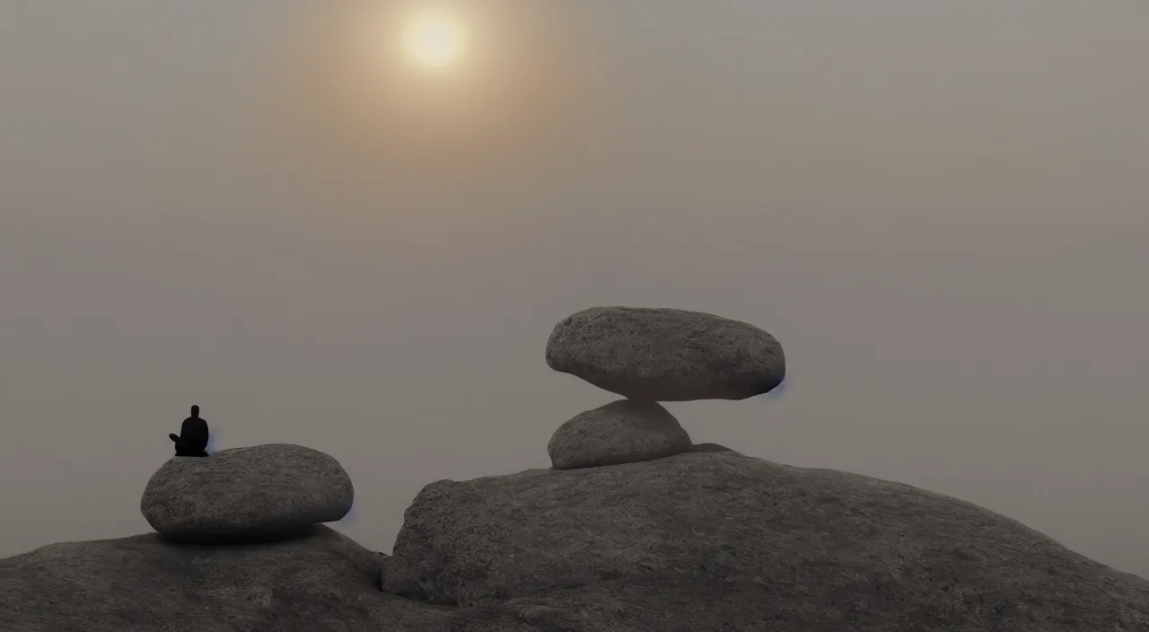 Prompt: a lonely silhouette of a meditating monk sitting in the fog on a stone protruding from the water in the rays of the morning sun, in the style of matthew snowden, 8 k resolution,