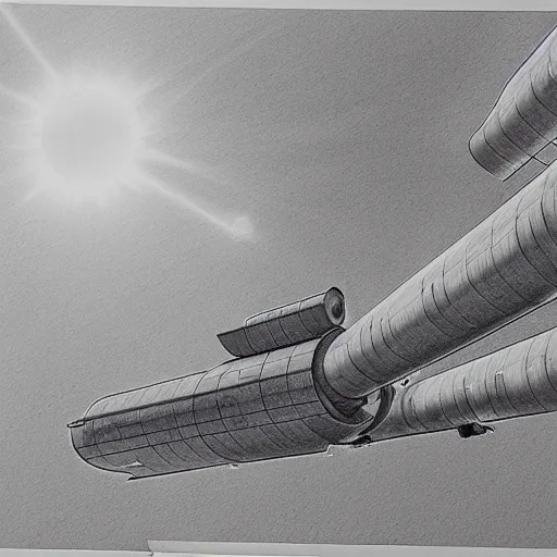 Image similar to a highly detailed graphite sketch of the international space station, with the sun reflecting off of it's windows, various refining methods