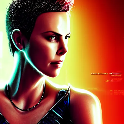 Image similar to charlize theron portrait, cyberpunk 2 0 7 7, cyberpunk judy alvarez, photorealistic, ultra detailed, neon, octane, bokeh, cinematic lighting, cyber, cyberpunk city, studio quality, feature, scars, cyberface, 8 k