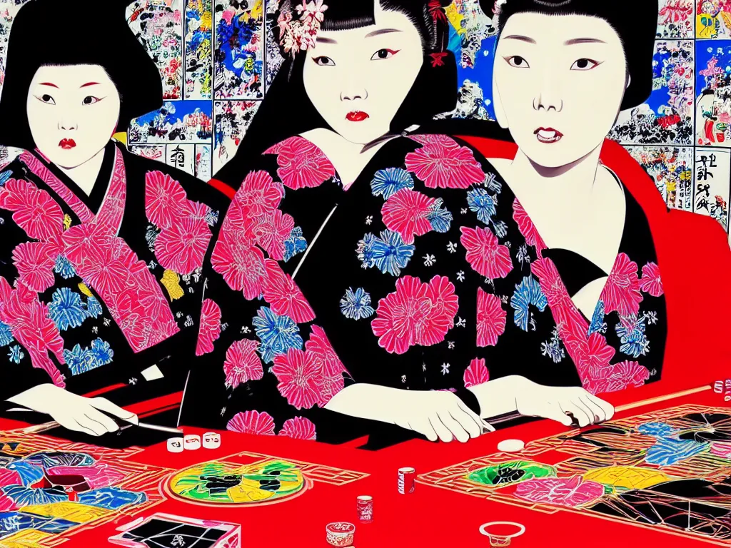 Prompt: hyperrealistic composition of the detailed woman in a japanese kimono sitting at a extremely detailed black jack table with darth vader, fireworks, mountain fuji on the background, pop - art style, jacky tsai style, andy warhol style, acrylic on canvas