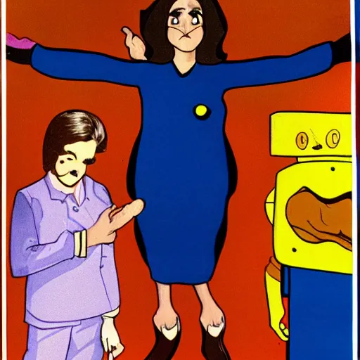 Image similar to woman with prosthetic nose enters an eyeball cult, 1981 children's tv show, color