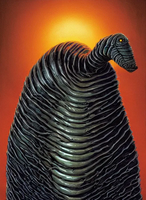 Prompt: portrait of Sandworm from Beetlejuice in Society (1989), highly detailed, centered, solid color background, digital painting, artstation, concept art, smooth, sharp focus, illustration, peter giancola, Joseph Christian Leyendecker, Les Edwards, Ed Repka, Basil Gogos, WLOP, Artgerm