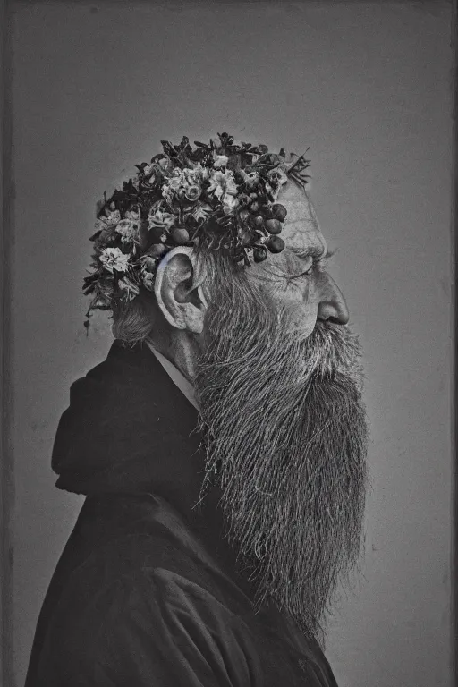 Prompt: an old man's face in profile, long beard, made of flowers and fruit, in the style of the Dutch masters and Gregory crewdson, dark and moody