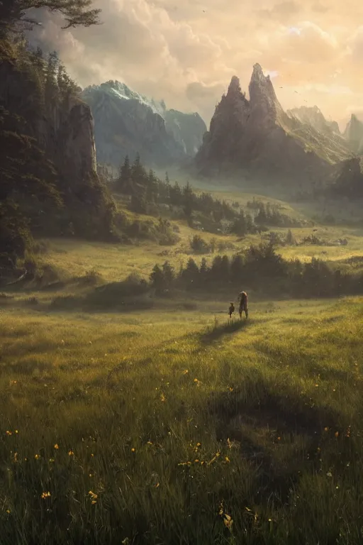 Image similar to A endless beuatiful meadow with I giant in the distance by Greg Rutkowski, Sung Choi, Mitchell Mohrhauser, Maciej Kuciara, Johnson Ting, Maxim Verehin, Peter Konig, final fantasy , 8k photorealistic, cinematic lighting, HD, high details, atmospheric,