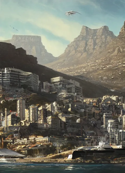 Image similar to hyper realistic robot attacking cape town city harbor beautiful details, strong composition, poster painted by weta studio rutkowski, james gurney and greg rutkowski, and lucasfilm