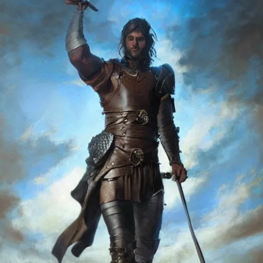 Prompt: young warrior marching toward the viewer, male, muscular, blue eyes!!!!, straight nose!!!, detailed face, exposed thighs!!!, leather, fantasy, medieval, highly detailed, painting by greg rutkowski