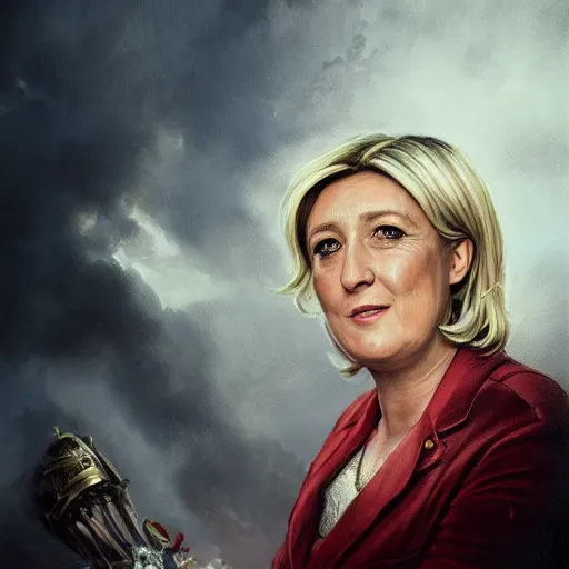 Image similar to Portrait of Marine le Pen , french emperor, heroic, tricolor background, amazing splashscreen artwork, splash art, head slightly tilted, natural light, elegant, intricate, fantasy, atmospheric lighting, cinematic, matte painting, detailed face, by Greg rutkowski