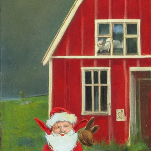 Image similar to a rabbit dressed as santa stands outside a red cottage in the swedish countryside, in the style of anders zorn