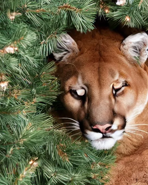 Image similar to hard cover book showing 'a cougar sleeping in the middle of snowy pine tree' laying on coffee table, zoomed out, HD, iphone screenshot