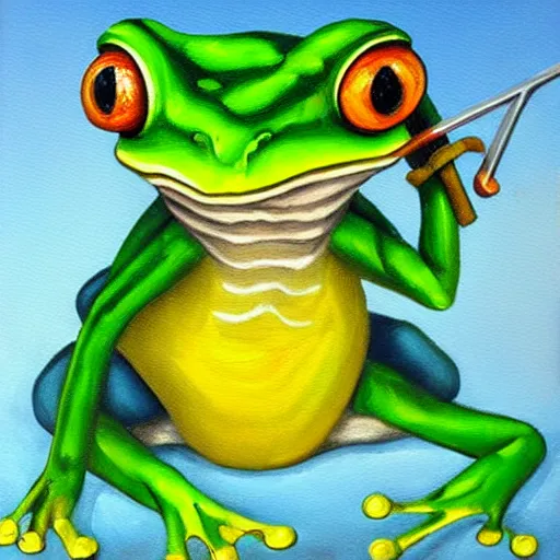 Image similar to frog with a sword, oil painting