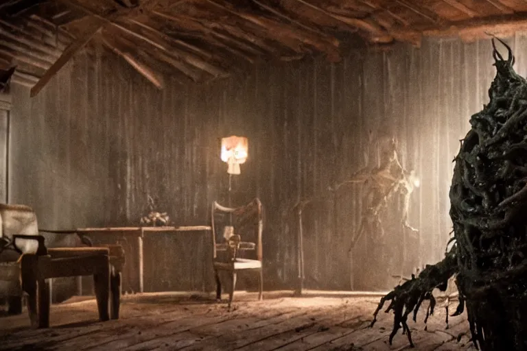 Image similar to film still of an oily vaguely human abomination with carapace and antennae clinging to the ceiling of an old cabin's living room, horror movie, eerie, creepy, dark, amazing lighting, great cinematography, directed by scott derrickson