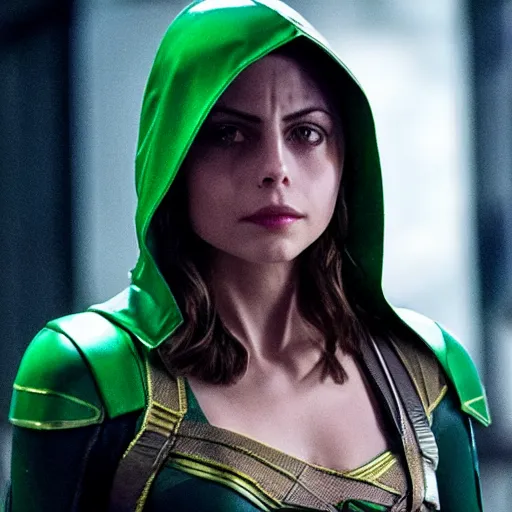 Image similar to film still of willa holland as a female green arrow in the 2 0 1 7 film justice league, focus on facial details, minimal bodycon feminine costume, dramatic cinematic lighting, inspirational tone, suspenseful tone, promotional art