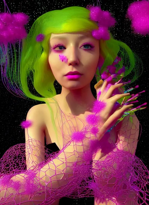 Image similar to hyper detailed 3d render like a Oil painting - kawaii Aurora (Singer) seen Eating of the Strangling network of colorful yellowcake and aerochrome and milky Fruit and Her delicate Hands hold of gossamer polyp blossoms bring iridescent fungal flowers whose spores black the foolish stars by Jacek Yerka, Mariusz Lewandowski, Houdini algorithmic generative render, Abstract brush strokes, Masterpiece, Edward Hopper and James Gilleard, Zdzislaw Beksinski, Mark Ryden, Wolfgang Lettl, Dan Hiller, hints of Yayoi Kasuma, octane render, 8k