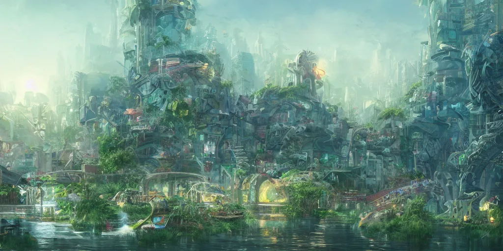 Prompt: a utopian city, filled with fauna, with building floating around everywhere, building cover with plant, dynamic lighting, fantasy concept art, trending on art station, stunning visuals, creative, cinematic, ultra detailed