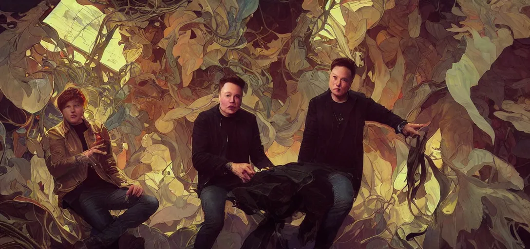 Prompt: Elon musk as the lead singer of bring me the horizon by Stanley Artgerm Lau, greg rutkowski, thomas kindkade, alphonse mucha, loish, norman Rockwel