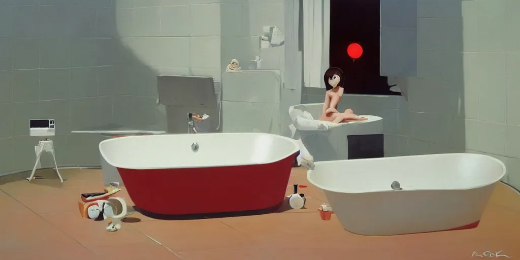 Prompt: A KAWII toaster in a bathtub, painted by ilya kuvshinov,