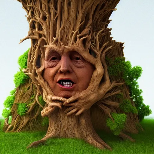 Image similar to donald trump is fused into a tree stump, hyperdetailed, artstation, cgsociety, 8 k