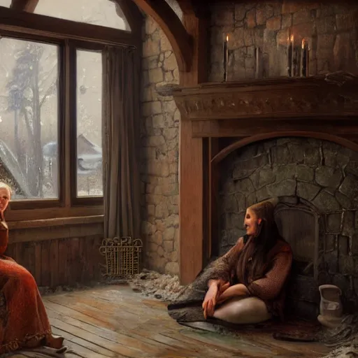 Prompt: celtic woman sitting next to a fireplace in a medieval house, volumetrics, cozy, expressive oil painting, highly detailed, by wlop, by jeremy lipking, beautiful face, nature inspired, octane render, digital art, cold harsh winter