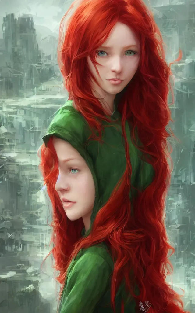 Image similar to beautiful cute red haired joyful and playful 1 9 year old maiden standing up in casual green clothing, long hair, modern city, rpg character, sci - fi, fantasy, intricate, elegant, digital painting, artstation, concept art, smooth, 8 k frostbite 3 engine, ultra detailed, art by artgerm and greg rutkowski and magali villeneuve