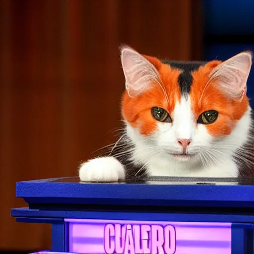 Image similar to calico cat is a contestant on the game show jeopardy and is ashamed of its low score