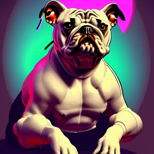 Image similar to « a comic styled cyborg bulldog sitting down, cyberpunk digital art by greg rutkowsky, illustration, colourful, sharp focus, highly detailed, future tech, sketchfab »