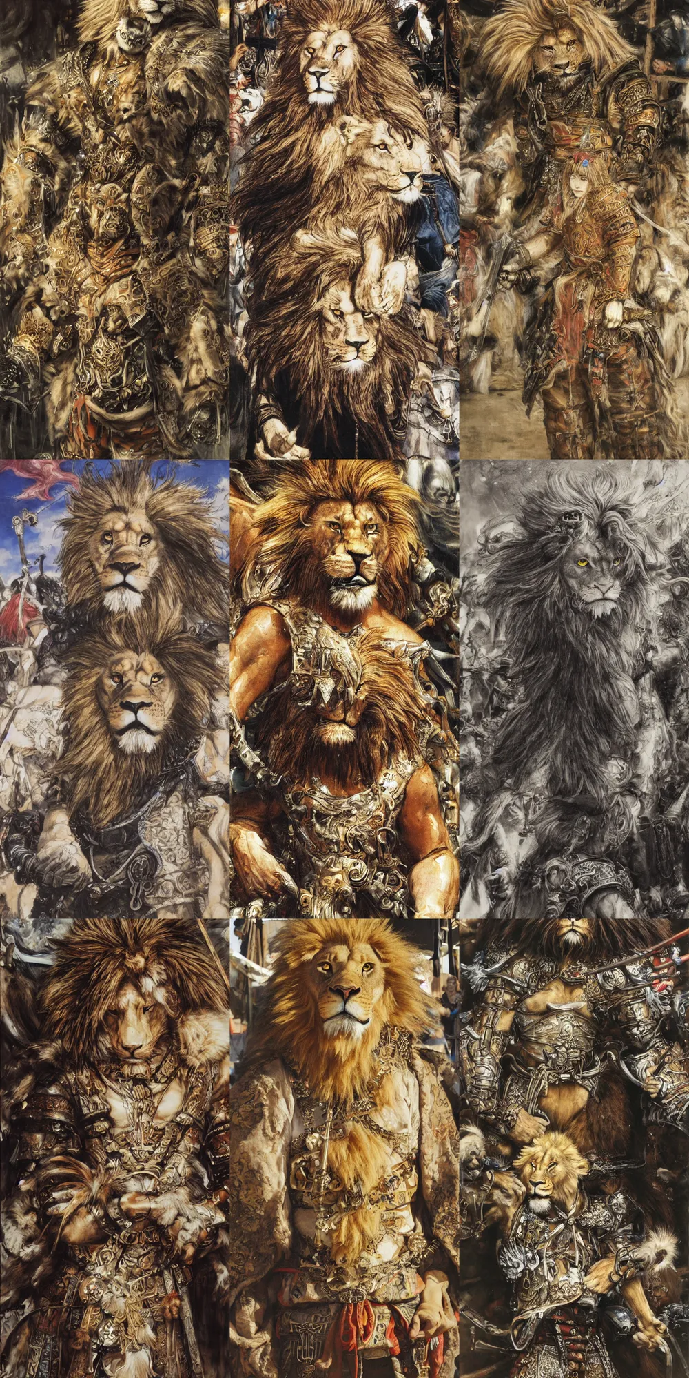 Image similar to 8 k yoshitaka amano painting of upper body of a young cool looking lion beastman with white mane at a medieval market at windy day. depth of field. he is wearing complex fantasy clothing. he has huge paws. renaissance style lighting.