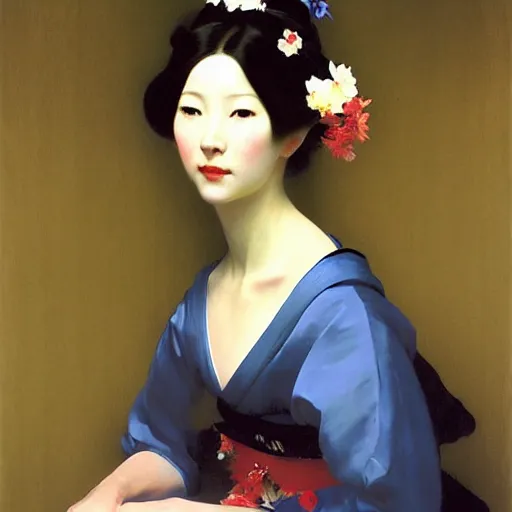 Prompt: yanjun cheng portrait of a beautiful geisha android holding flowers by norman rockwell, bouguereau