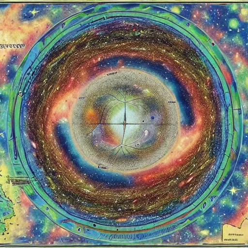 Prompt: a map of the universe drawn by extraterrestrial beings, cartography, realistic, colorful