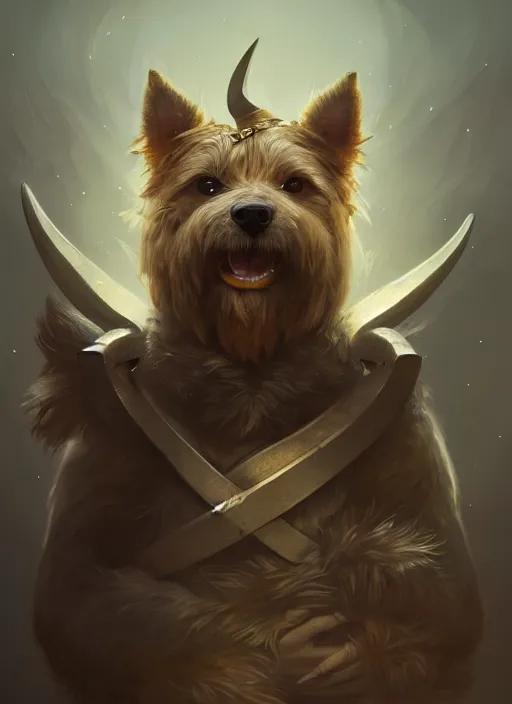 Image similar to norwich terrier as an viking, backround dark, highly detailed, digital illustration, trending in artstation, modern painting, smooth, sharp focus, intricate, by peter mohrbacher