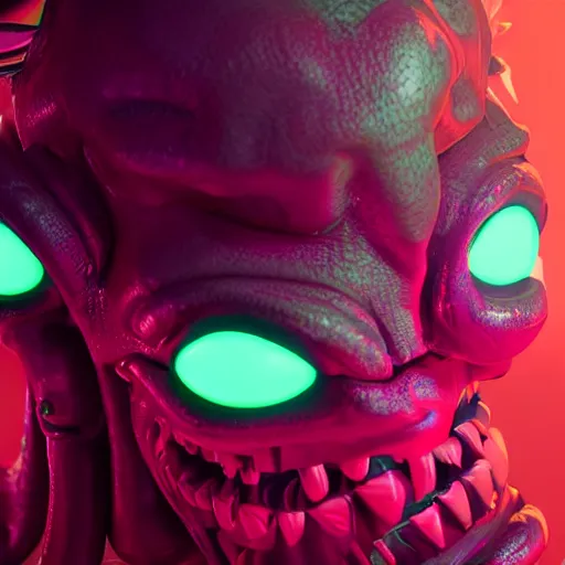 Image similar to synthwave demonic alien face with neon horns, detailed face, sharp focus, synthwave art, aesthetic, octane render, raw, cinematic