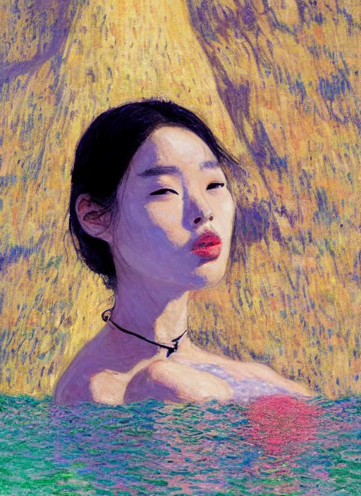 Image similar to lee jin - eun in luxurious dress emerging from turquoise water in egyptian pyramid city during an eclipse by claude monet, conrad roset, m. k. kaluta, martine johanna, rule of thirds, elegant look, beautiful, chic, face anatomy, cute complexion
