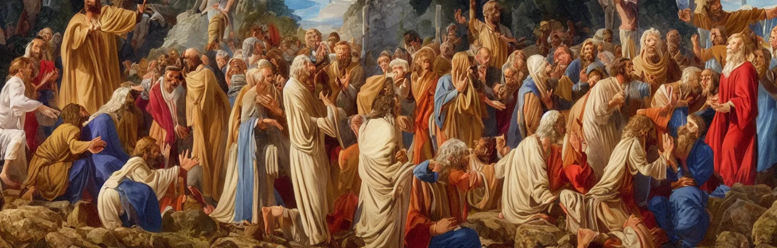 Prompt: Donald trump corrects Jesus in various situations in this highly detailed Mormon frieze