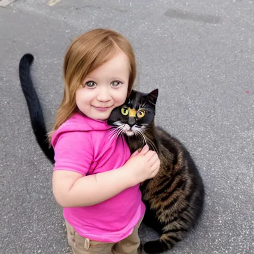 Prompt: toddler with light hair posing with cat on the sidewalk