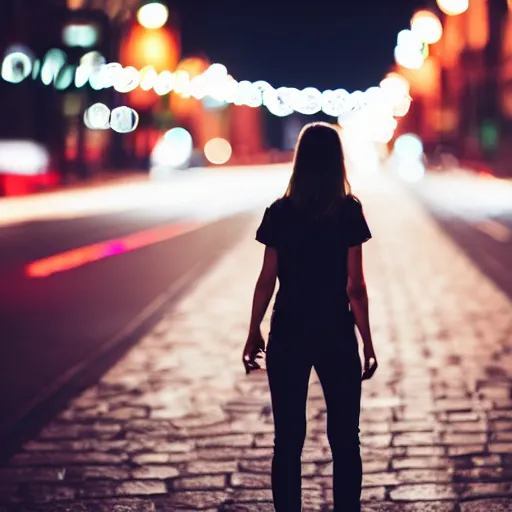 Prompt: photo of a woman standing on a street, neon lights, bokeh