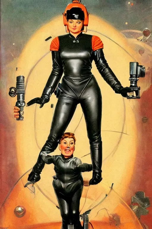 Prompt: 5 0 s pulp scifi fantasy illustration full body portrait slim mature woman in leather spacesuit firing retro ray gun laser beam, by norman rockwell, roberto ferri, daniel gerhartz, edd cartier, jack kirby, howard v brown, ruan jia, tom lovell, frank r paul, jacob collins, dean cornwell, astounding stories, amazing, fantasy, other worlds