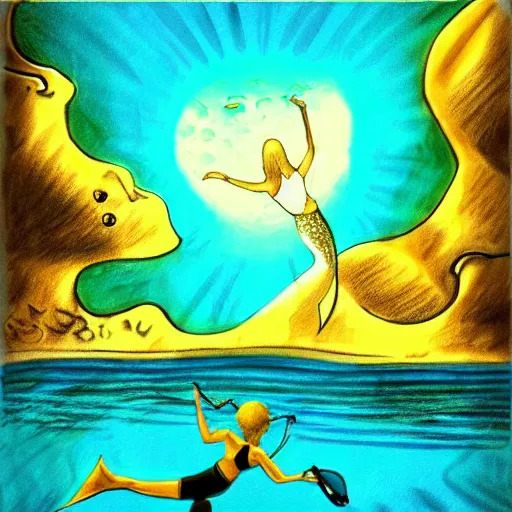 Image similar to old drawing of a scuba diver swimming with a beautiful mermaid underwater, under water scenery, dramatic lighting, intense, epic, realistic drawing