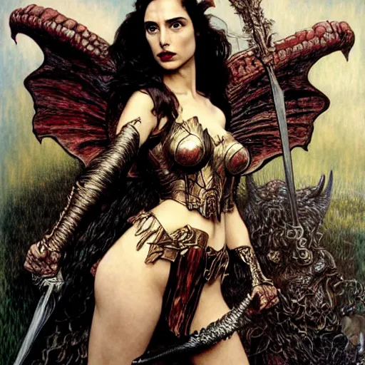 Image similar to head and shoulders portrait of an armored erinyes devil with huge bat wings, portrayed by gal gadot, d & d, fantasy, luis royo, magali villeneuve, donato giancola, wlop, krenz cushart, hans zatka, klimt, alphonse mucha