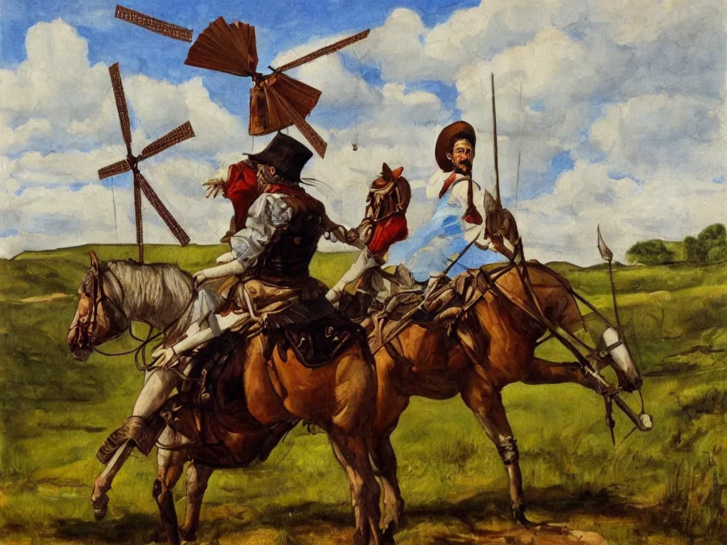 Image similar to portrait of a don quixote, windmill! on a background, realism, oil painting, highly detailed, pre - raphaelite style