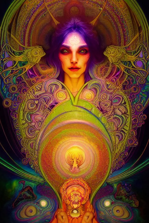 Prompt: An extremely psychedelic experience of the third eye opening to celestial dreams, colorful, surreal, dramatic lighting, magic mushrooms, psilocybin, LSD, face, detailed, intricate, elegant, highly detailed, digital painting, artstation, concept art, smooth, sharp focus, illustration, art by Krenz Cushart and Artem Demura and alphonse mucha