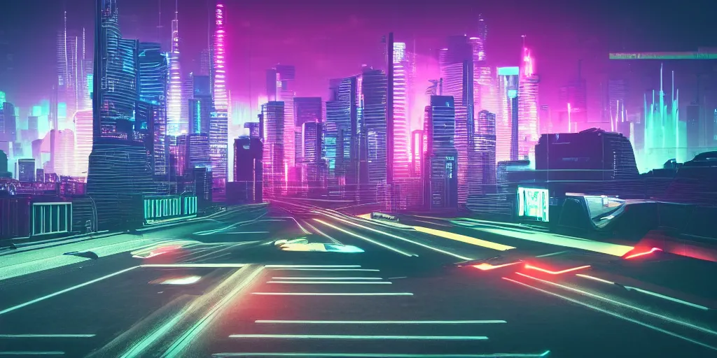Image similar to cyberpunk car synthwave neon lights driving fast with city visible in the background, the road extends out towards the horizon, 3d render