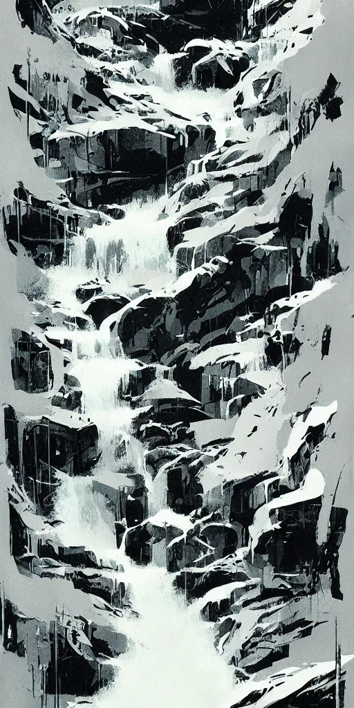 Prompt: eerie waterfall, ashley wood illustration