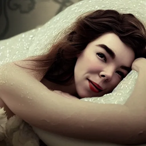 Image similar to stunning photo of dark - haired goddesses vanessa kirby and bjork smiling, laying back on a pillow, with white tears all over their faces, a beautiful closeup, wet lips, perfect eyes, insanely detailed, elegant, by mucha, wlop, rutkowski, livia prima